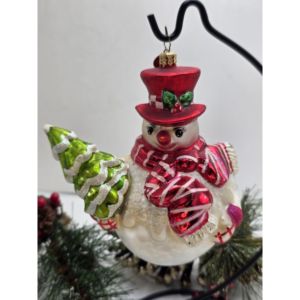 Christopher Radko Snowman Christmas Tree Glass Ornament 6" Red White Striped